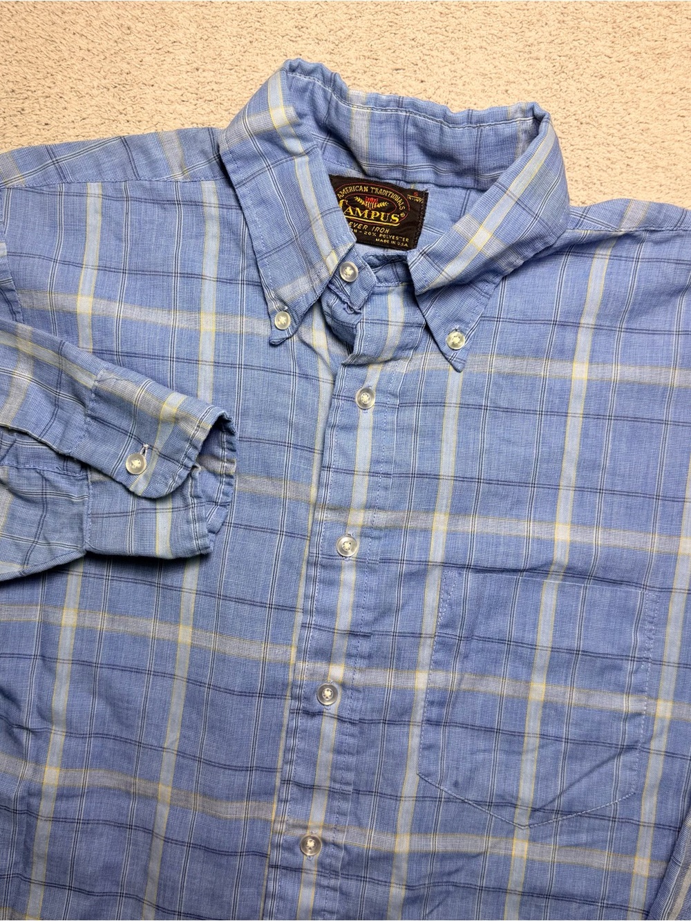 Vtg Campus American Traditionals Plaid Shirt Mens S Blue Button Down USA Made